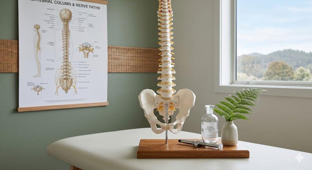 A detailed anatomical human spine and pelvis model on a wooden base sitting on a treatment table, next to an activator adjustment tool, a glass bottle, and a vertebral column poster on a green wall.