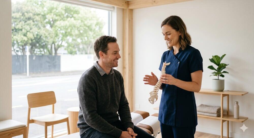 A female healthcare professional in blue scrubs holding a human spine model while explaining a diagnosis to a seated male patient in a bright, modern clinic.